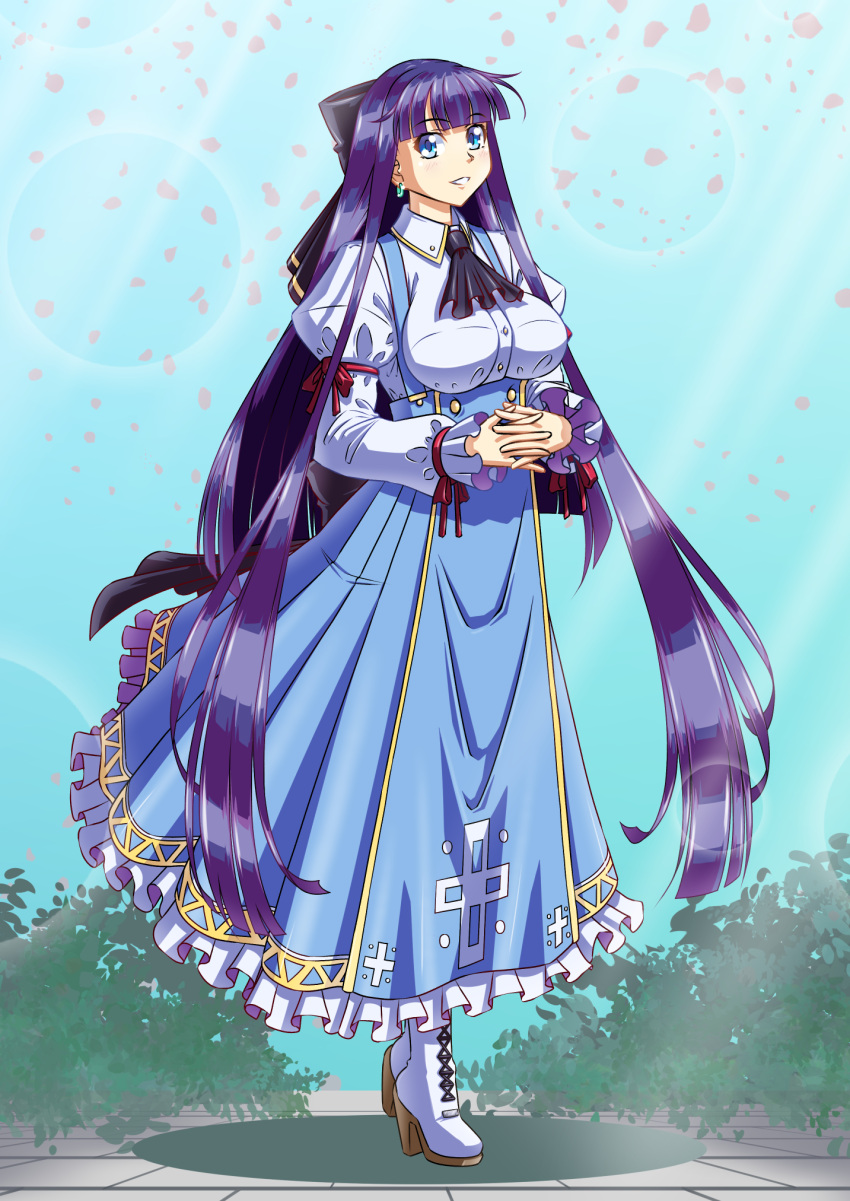 1girl, alternate_costume, ascot, black_ascot, black_bow, blue_eyes, blue_skirt, blunt_bangs
