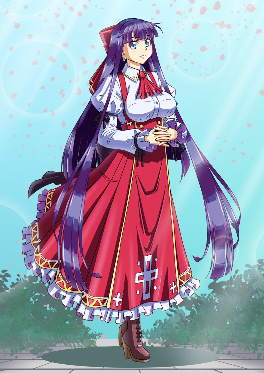 1girl, alternate_costume, ascot, blue_eyes, blunt_bangs, boots, bow, breasts