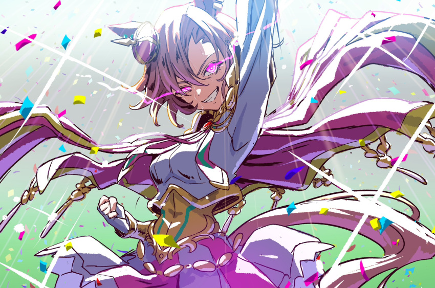 1girl, animal_ears, arm_up, cape, clenched_hand, crown, glowing, glowing_eyes, hair_between_eyes, highres, horse_ears, horse_girl, horse_tail, long_sleeves, looking_at_viewer, mini_crown, orange_hair, pink_cape, short_hair, solo, t.m._opera_o_(umamusume), tail, umamusume, upper_body, violet_eyes, wanowanoji67