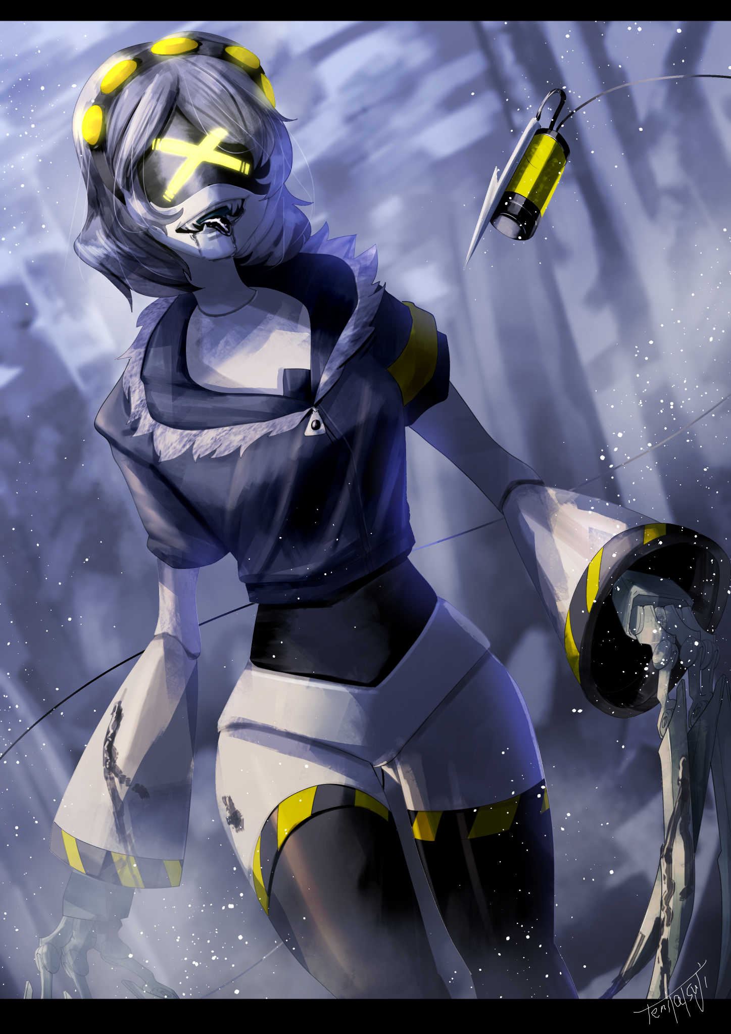 1girl, android, black_hairband, black_jacket, black_thighhighs, face_filter, grey_tongue, hairband