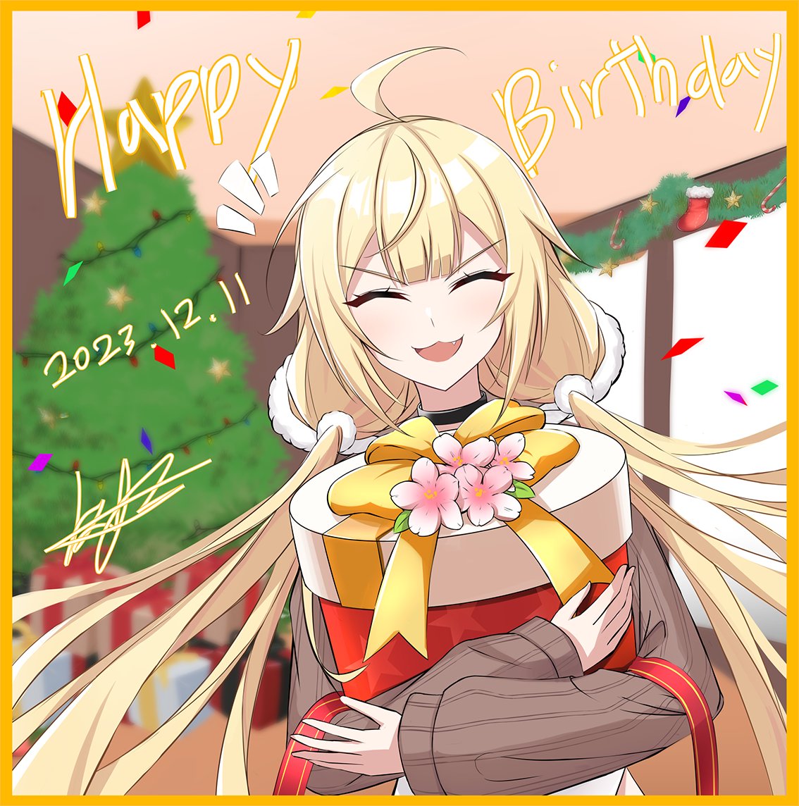 ^3^, ahoge, black_choker, blonde_hair, blurry, blurry_background, border, brown_sweater