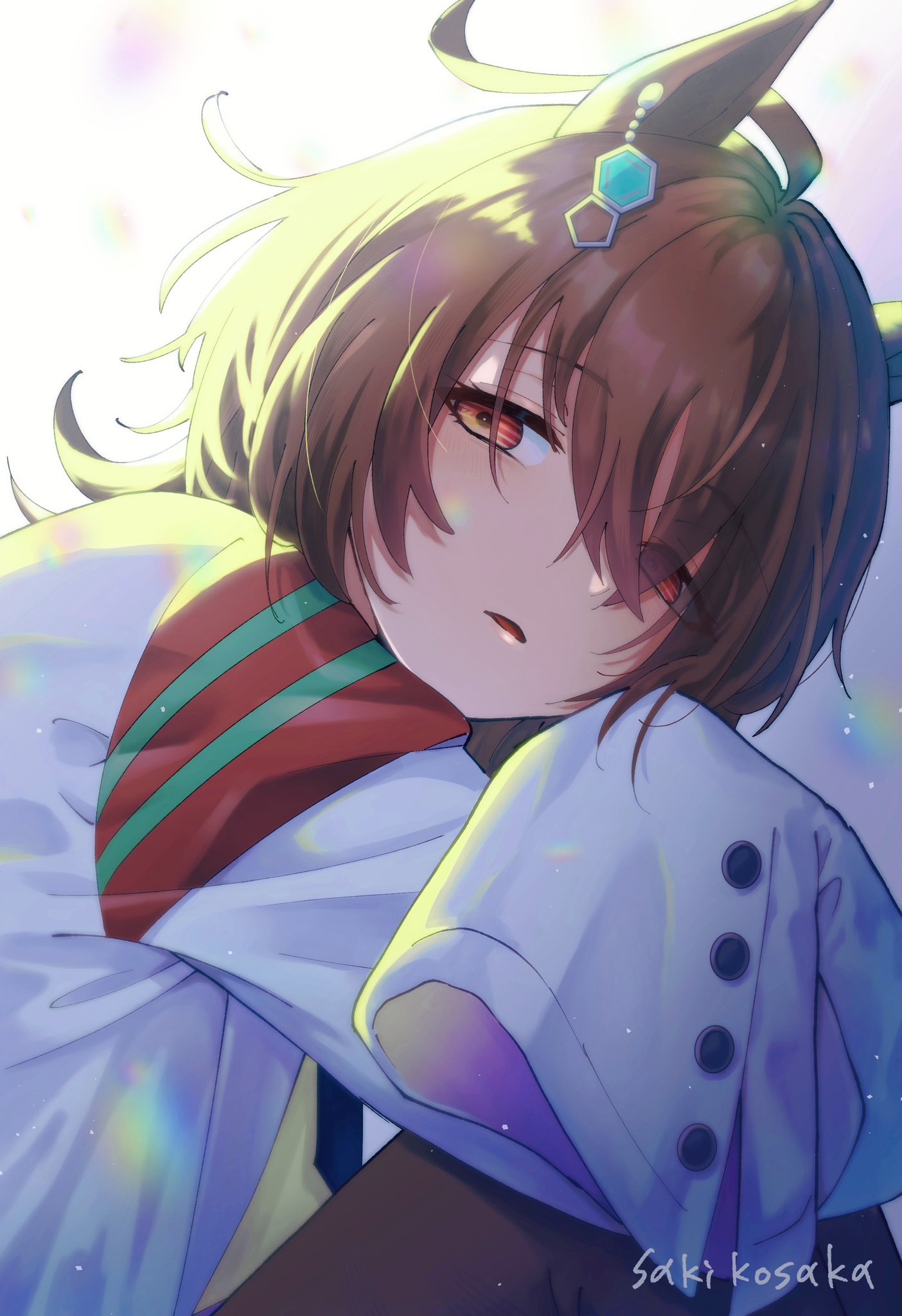 1girl, agnes_tachyon_(umamusume), ahoge, animal_ears, artist_name, brown_hair, chemical_structure, earrings, from_side, hair_between_eyes, highres, horse_ears, horse_girl, jewelry, kousaka_saki_(artist), lab_coat, looking_to_the_side, red_eyes, short_hair, single_earring, sleeves_past_fingers, sleeves_past_wrists, solo, umamusume, umamusume:_beginning_of_a_new_era