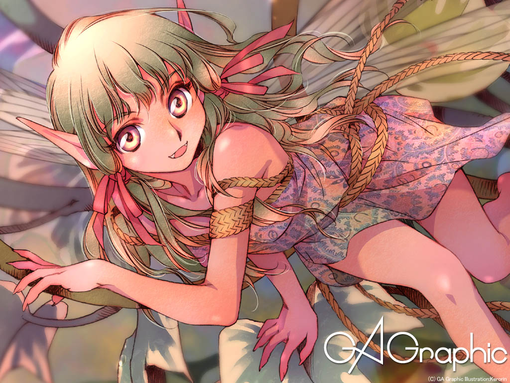 dress, elf, fangs, gagraphic, hair_ribbon, kerorin, pointy_ears, ribbon