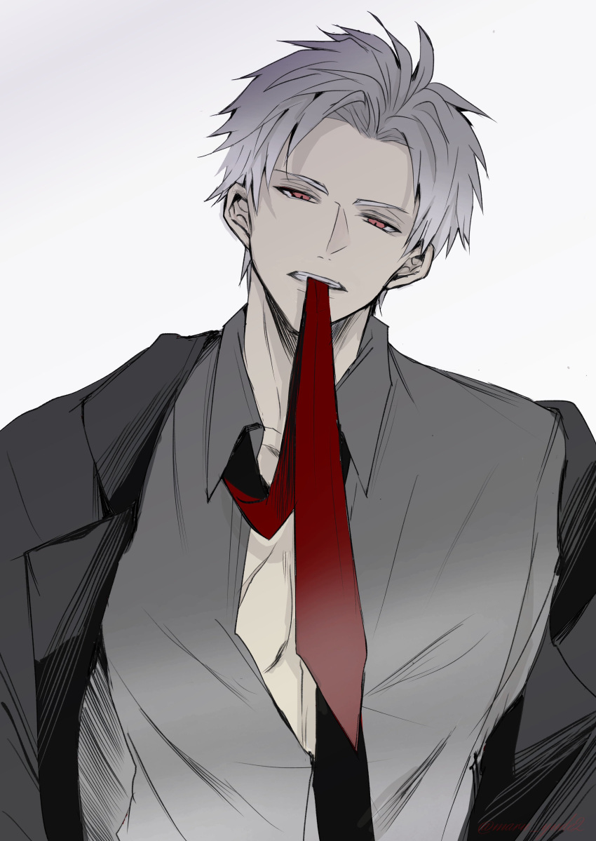1boy, absurdres, black_coat, coat, collared_shirt, grey_hair, grey_shirt, head_tilt