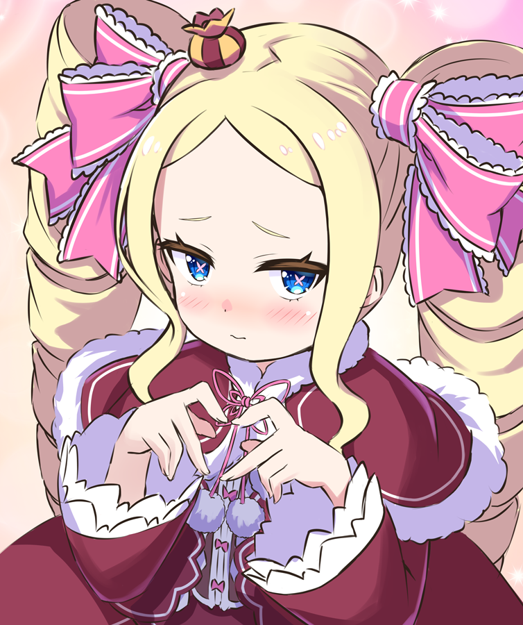 1girl, 4-fingers_heart_hands, beatrice_(re:zero), blonde_hair, blue_eyes, blush, capelet, crown, dress, drill_hair, fur-trimmed_capelet, fur_trim, hair_ribbon, long_hair, long_sleeves, looking_at_viewer, pink_pupils, pink_ribbon, re:zero_kara_hajimeru_isekai_seikatsu, red_capelet, red_dress, ribbon, s_(hdru2332), smile, solo, symbol-shaped_pupils, twin_drills, twintails