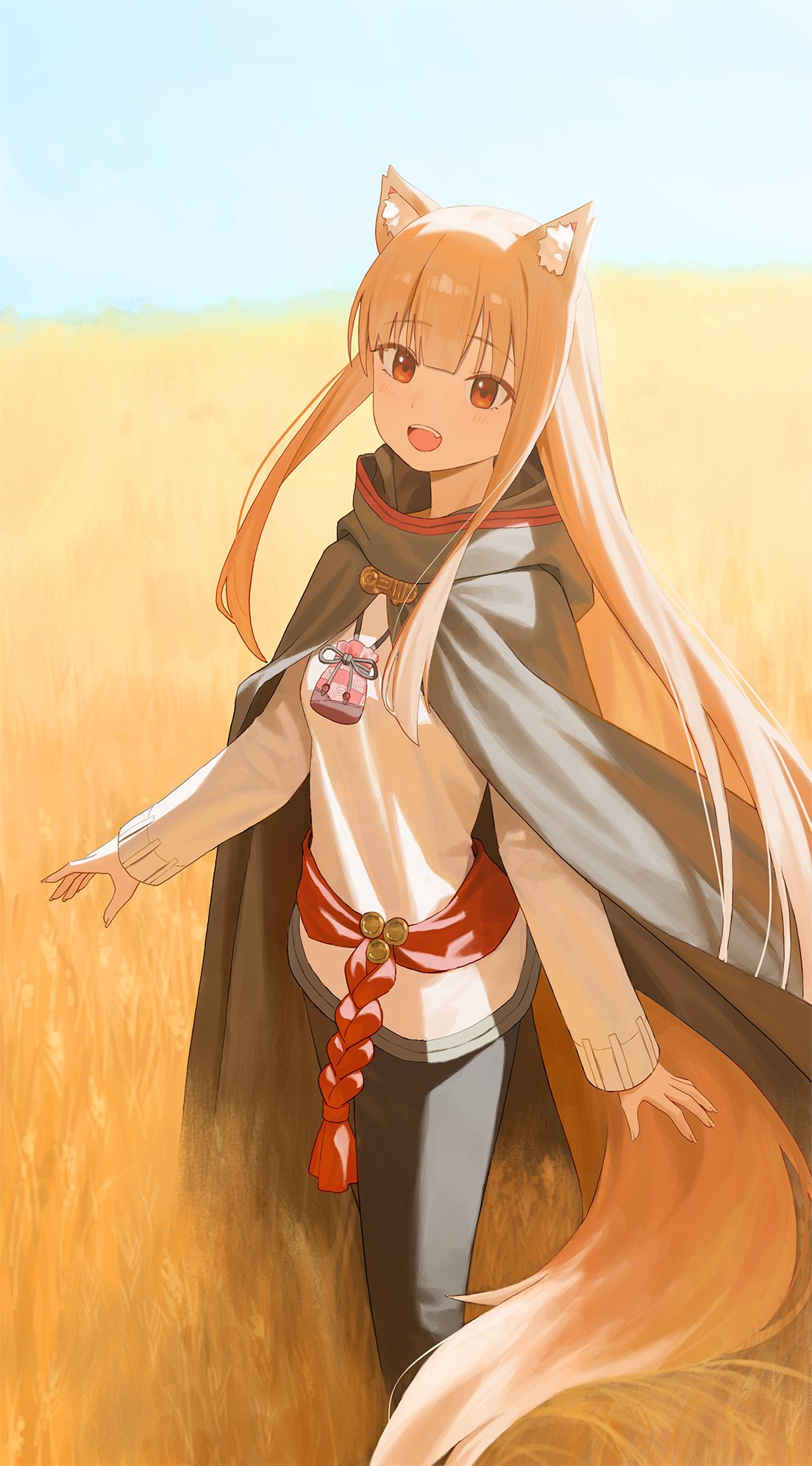 :d, a-pose, animal_ear_fluff, animal_ears, belt, black_pants, blue_sky, blunt_bangs