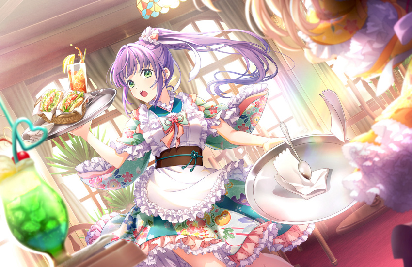 2girls, apron, black_sash, cafe, cherry, crazy_straw, cup, drinking_glass, drinking_straw, dutch_angle, falling, food, frilled_apron, frills, fruit, game_cg, green_eyes, green_kimono, heart_straw, high_ponytail, highres, hinoshita_kaho, holding, holding_tray, ice_cream, ice_cream_float, japanese_clothes, kimono, kissa_hasu_no_sora_(love_live!), lemon, lemon_slice, link!_like!_love_live!, long_hair, love_live!, maid, multiple_girls, napkin, obi, official_art, otomune_kozue, out_of_frame, purple_hair, sandwich, sash, short_sleeves, sidelocks, solo_focus, spilling, spoon, teeth, third-party_source, tray, upper_teeth_only, virtual_youtuber, wa_maid, white_apron, window