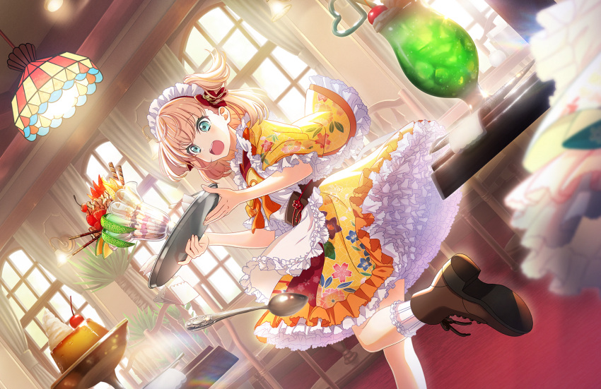 2girls, apron, aqua_eyes, boots, brown_footwear, cafe, cherry, crazy_straw, cross-laced_footwear, crossed_bangs, drinking_straw, dutch_angle, falling, food, frilled_apron, frilled_kimono, frills, fruit, game_cg, hanging_light, heart_straw, highres, hinoshita_kaho, japanese_clothes, kimono, kissa_hasu_no_sora_(love_live!), lace-up_boots, leg_up, link!_like!_love_live!, love_live!, maid, maid_headdress, medium_hair, melon, melon_slice, multiple_girls, official_art, open_mouth, orange_(fruit), orange_hair, orange_kimono, orange_slice, otomune_kozue, parfait, pocky, pudding, puffy_short_sleeves, puffy_sleeves, short_sleeves, socks, solo_focus, spoon, third-party_source, two_side_up, virtual_youtuber, wa_maid, wafer_stick, whipped_cream, white_apron, white_socks, window