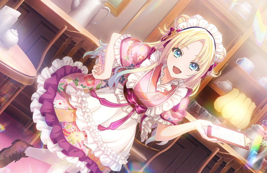 1girl, :d, apron, blonde_hair, blue_eyes, blue_hair, brown_footwear, cabinet, cafe, clipboard, double_bun, dutch_angle, fang, frilled_apron, frills, game_cg, gradient_hair, hair_bun, hand_on_own_hip, highres, holding, holding_clipboard, holding_pencil, japanese_clothes, kimono, kissa_hasu_no_sora_(love_live!), leg_up, light_blue_hair, link!_like!_love_live!, long_hair, looking_at_viewer, love_live!, maid, maid_headdress, multicolored_hair, official_art, open_mouth, osawa_rurino, parted_bangs, pencil, pink_kimono, shoes, smile, sneakers, solo, third-party_source, virtual_youtuber, wa_maid, white_apron