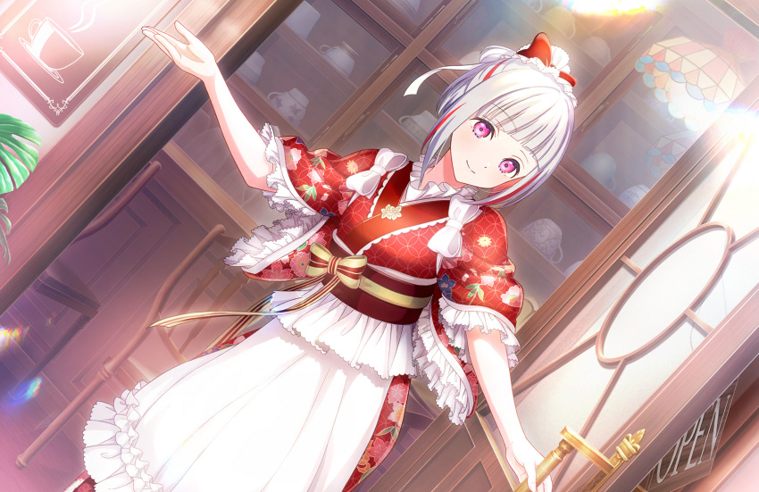1girl, apron, cabinet, cafe, closed_mouth, colored_inner_hair, diagonal_bangs, doorway