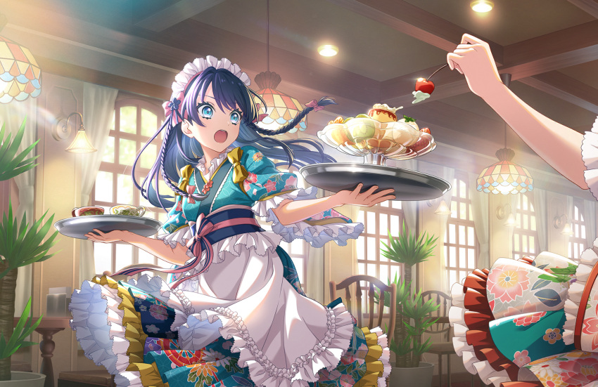 2girls, :o, apron, blue_eyes, blue_hair, blue_kimono, bow, cafe