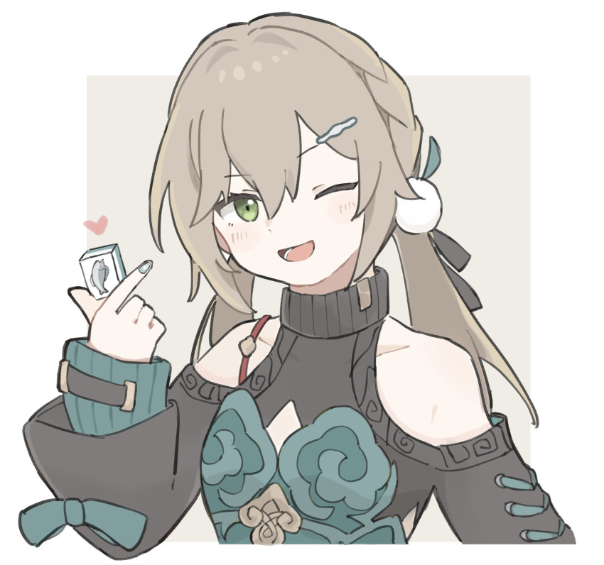 1girl, ;d, bare_shoulders, border, brown_background, brown_hair, cleavage_cutout, clothing_cutout