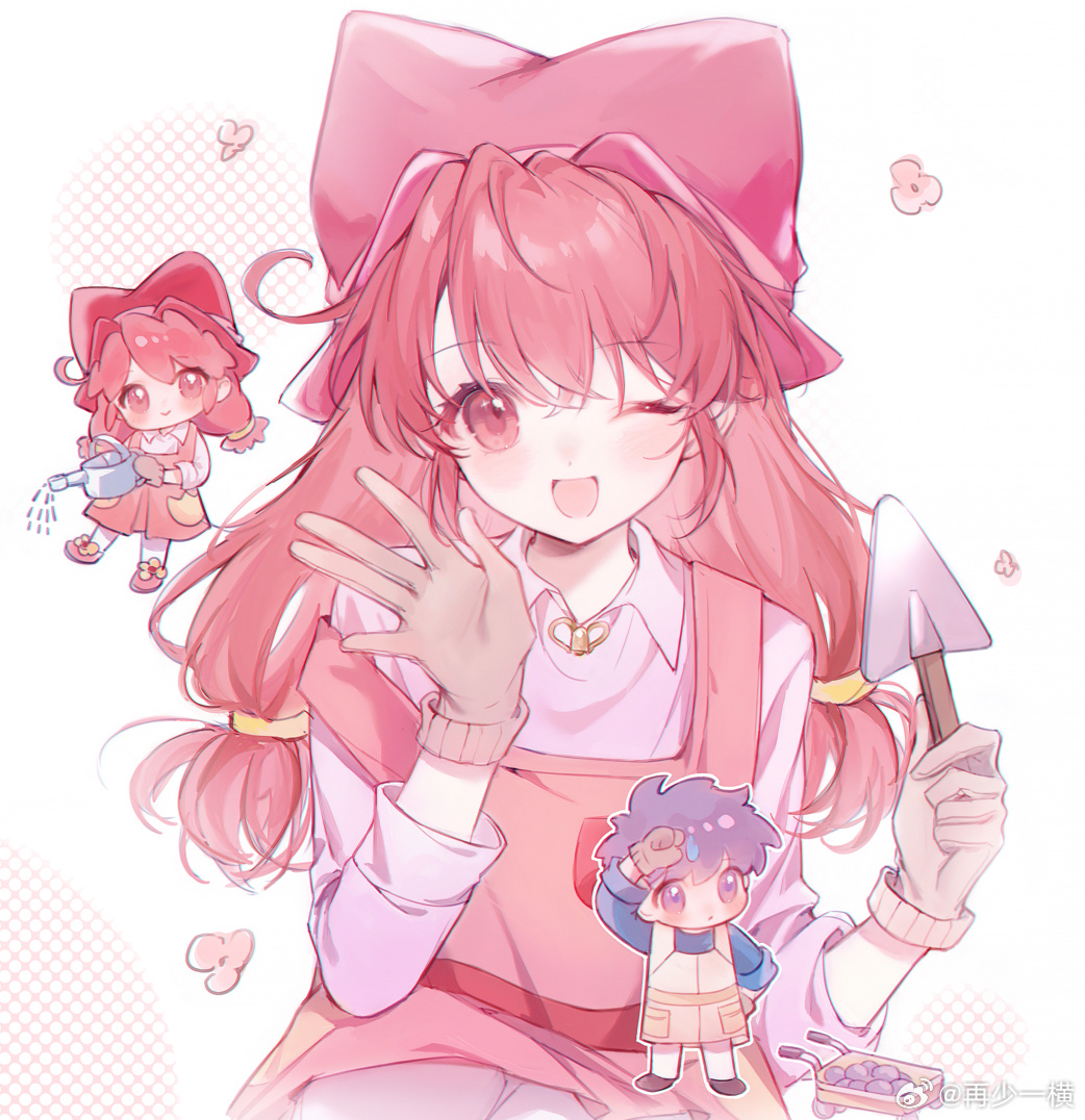 1boy, 1girl, :o, apron, blue_shirt, brown_footwear, brown_gloves, chibi