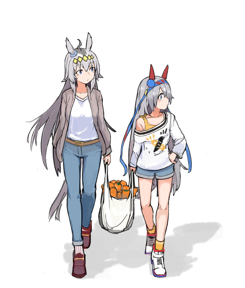 2girls, ahoge, animal_ears, bag, belt, blue_eyes, blue_hairband, brown_belt