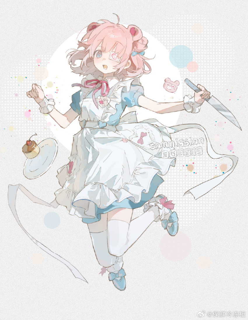 1girl, animal_ears, apron, back_bow, baoxian_lengdong_gui, bear_ears, blue_bow, blue_dress