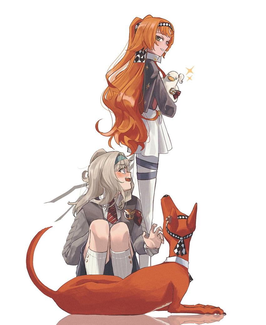 2girls, animal_hug, animalization, belt, bird, blue_eyes, blue_hairband, blush