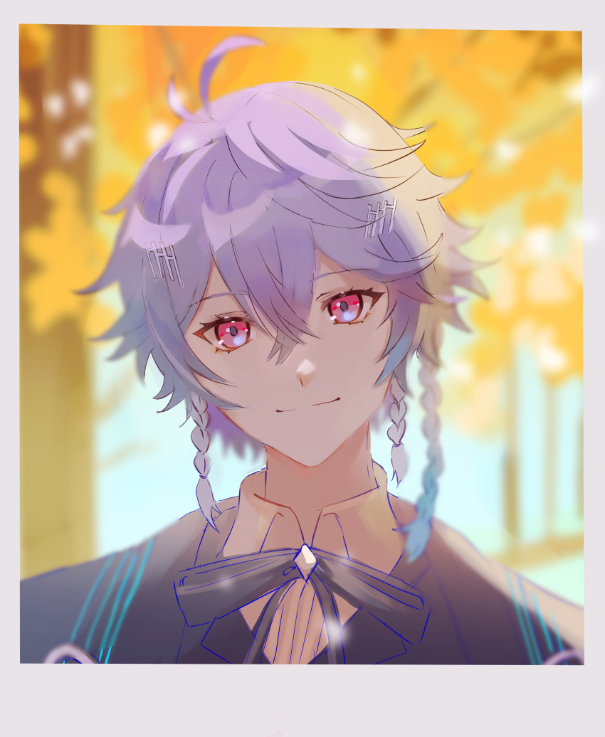 1boy, absurdres, autumn_leaves, bishounen, blue_hair, braid, english_commentary, hair_between_eyes