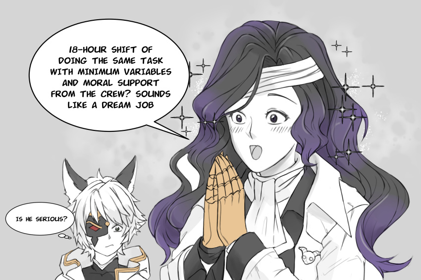 2boys, ascot, english_text, erune, granblue_fantasy, headband, highres, jacket, long_hair, marika_(kbd04), mask, multiple_boys, open_mouth, orologia_(male), own_hands_together, purple_hair, seox_(granblue_fantasy), smile, sparkle, spot_color