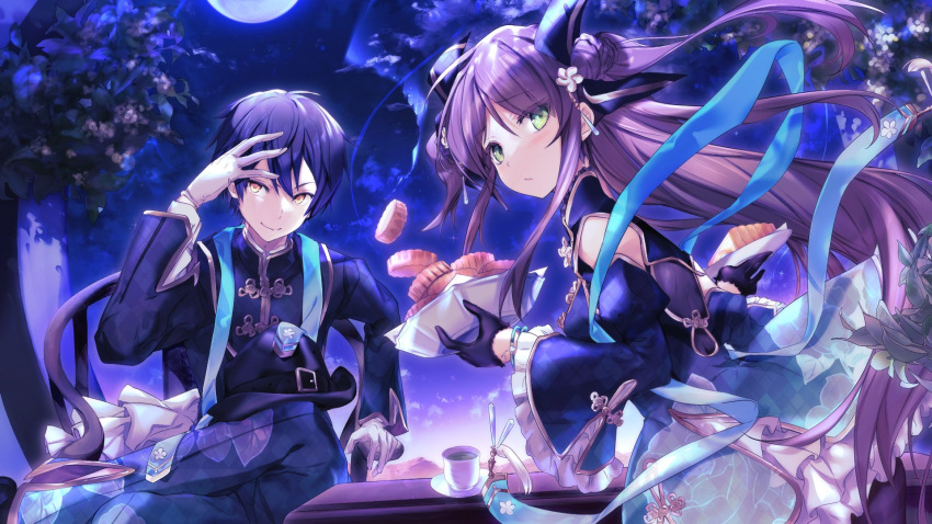 1boy, 1girl, belt, black_belt, black_dress, black_gloves, black_hair, black_hat
