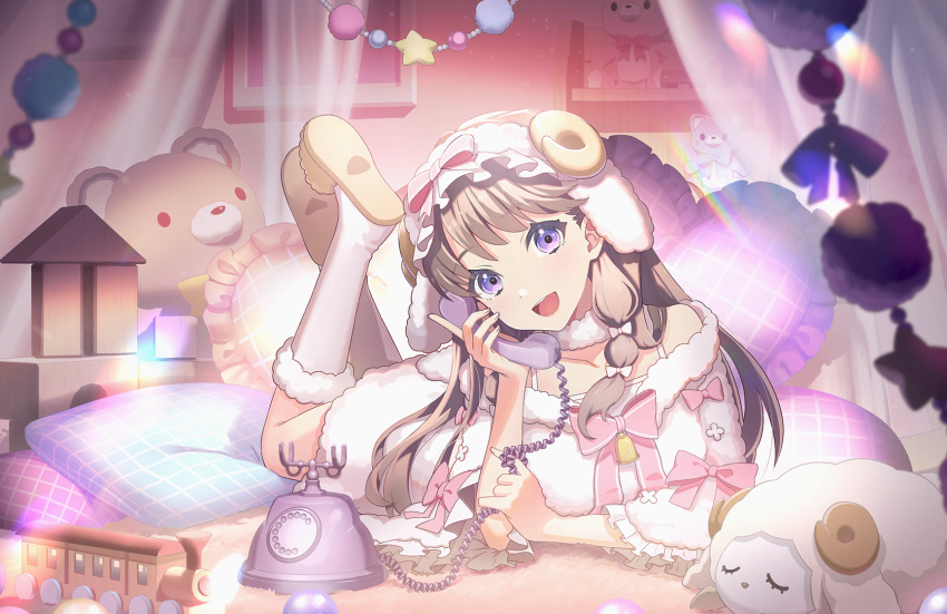1girl, :d, antique_phone, block_(object), bow, bowtie, brown_footwear, brown_hair