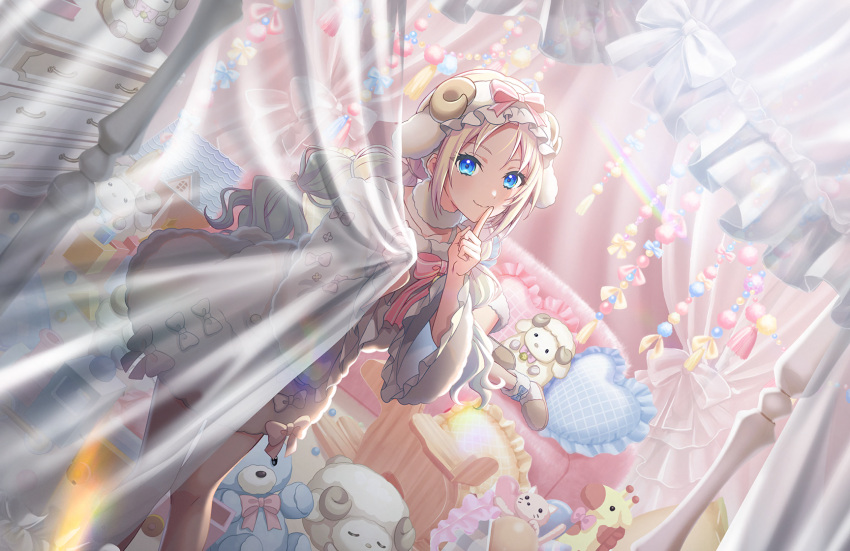 1girl, blonde_hair, blue_eyes, blue_hair, closed_mouth, collarbone, cotton=utopia_(love_live!), curtain_grab, curtains, dutch_angle, finger_to_mouth, frilled_hat, frills, fur_choker, fur_skirt, game_cg, gradient_hair, hat, heart, heart-shaped_pillow, highres, jacket, light_blue_hair, link!_like!_love_live!, long_hair, long_sleeves, looking_at_viewer, love_live!, low_ponytail, miniskirt, multi-tied_hair, multicolored_hair, off_shoulder, official_art, osawa_rurino, parted_bangs, pillow, shushing, sidelocks, skirt, smile, solo, split_mouth, third-party_source, virtual_youtuber, white_hat, white_jacket, white_skirt