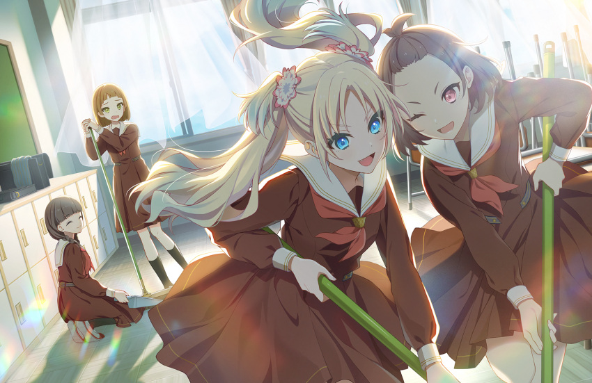 4girls, :d, ^_^, arched_bangs, bangs_pinned_back, biwako_(love_live!), black_hair, black_socks, blonde_hair, blue_eyes, blue_hair, blunt_bangs, braid, broom, brown_dress, brown_hair, classroom, cleaning, closed_eyes, closed_mouth, dress, dutch_angle, ena_(love_live!), fang, floating_hair, flower, game_cg, gradient_hair, green_eyes, hair_flower, hair_ornament, hasu_no_sora_school_uniform, highres, holding, holding_broom, indoors, kneeling, light_blue_hair, link!_like!_love_live!, loafers, long_hair, long_sleeves, looking_at_another, love_live!, low_twin_braids, medium_dress, multicolored_hair, multiple_girls, neckerchief, official_art, open_mouth, osawa_rurino, parted_bangs, pink_eyes, pink_flower, pleated_dress, red_neckerchief, sailor_collar, sailor_dress, school_uniform, shiina_(love_live!), shoes, short_hair, smile, socks, standing, third-party_source, twin_braids, twintails, v-shaped_eyebrows, virtual_youtuber, white_flower, white_footwear, white_sailor_collar, winter_uniform