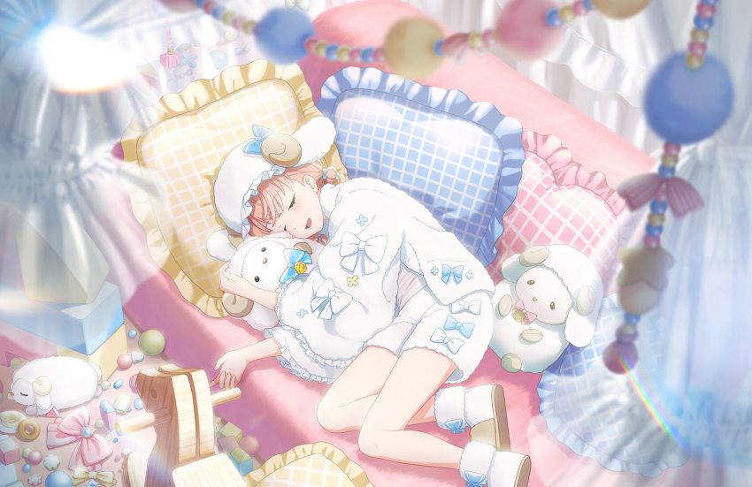 1girl, blurry, blurry_foreground, brown_footwear, closed_eyes, cotton=utopia_(love_live!), couch, crossed_bangs