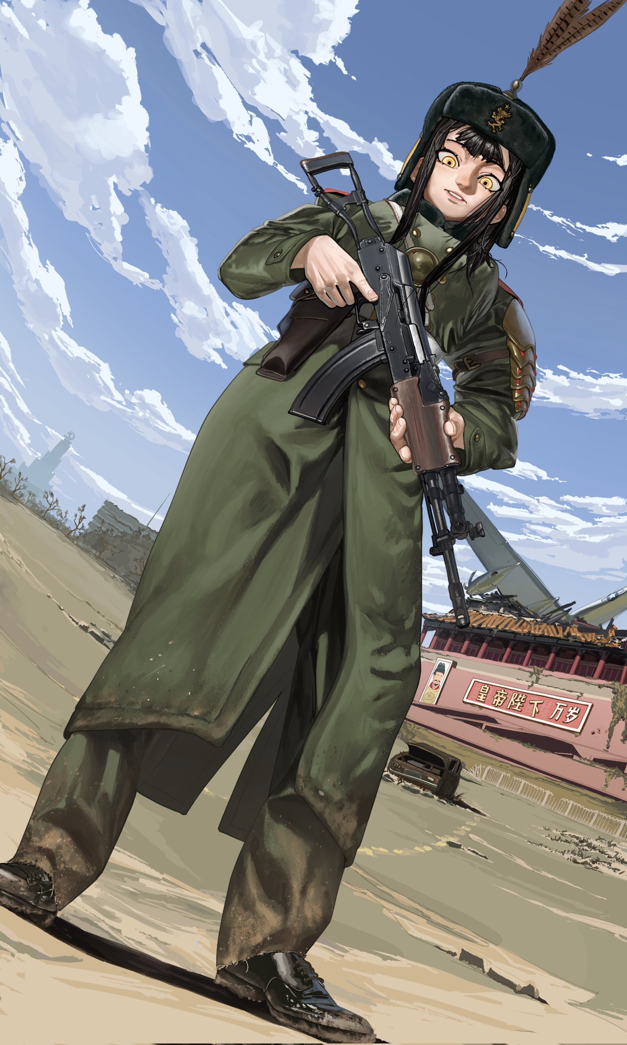 1girl, abandoned, aircraft, airplane, armor, assault_rifle, beijing, belt, black_footwear, black_hair, blue_sky, blunt_bangs, building, buttons, china, clouds, coat, commentary, crash, cross-laced_footwear, day, double-breasted, fallout_(series), feathers, full_body, fur_hat, fur_trim, green_coat, green_pants, gun, hat, hat_feather, hat_ornament, highres, holding, holding_gun, holding_weapon, holster, long_hair, long_sleeves, looking_at_viewer, magazine_(weapon), military_coat, outdoors, pants, post-apocalypse, pzkpfwi, rerebrace, rifle, ruins, scenery, shoulder_boards, sidelocks, sky, solo, standing, trigger_discipline, uniform, ushanka, weapon, weapon_request, wreckage, yellow_eyes