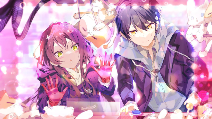 1boy, 1girl, against_glass, arcade_cabinet, black_coat, black_hair, black_jacket, calico