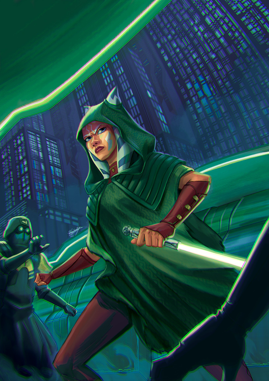 1girl, 2boys, ahsoka_tano, alien, armor, blue_eyes, brown_pants, building