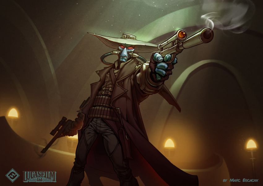 alien, ammunition_belt, artist_name, black_pants, blue_skin, brown_coat, brown_hat, brown_shirt, cad_bane, clenched_teeth, coat, collared_shirt, colored_skin, company_name, cowboy_hat, dual_wielding, duros, gun, hat, highres, holding, holding_gun, holding_weapon, indoors, long_coat, marc_escachx, open_clothes, open_coat, pants, red_eyes, shirt, smoke, smoking_barrel, solid_eyes, solo, star_wars, star_wars_unlimited, teeth, watermark, weapon