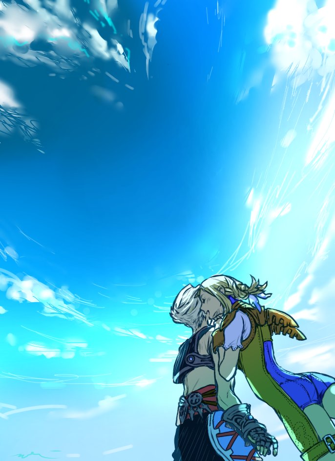 1boy, 1girl, armor, black_pants, blonde_hair, blue_bodysuit, blue_sky, blush