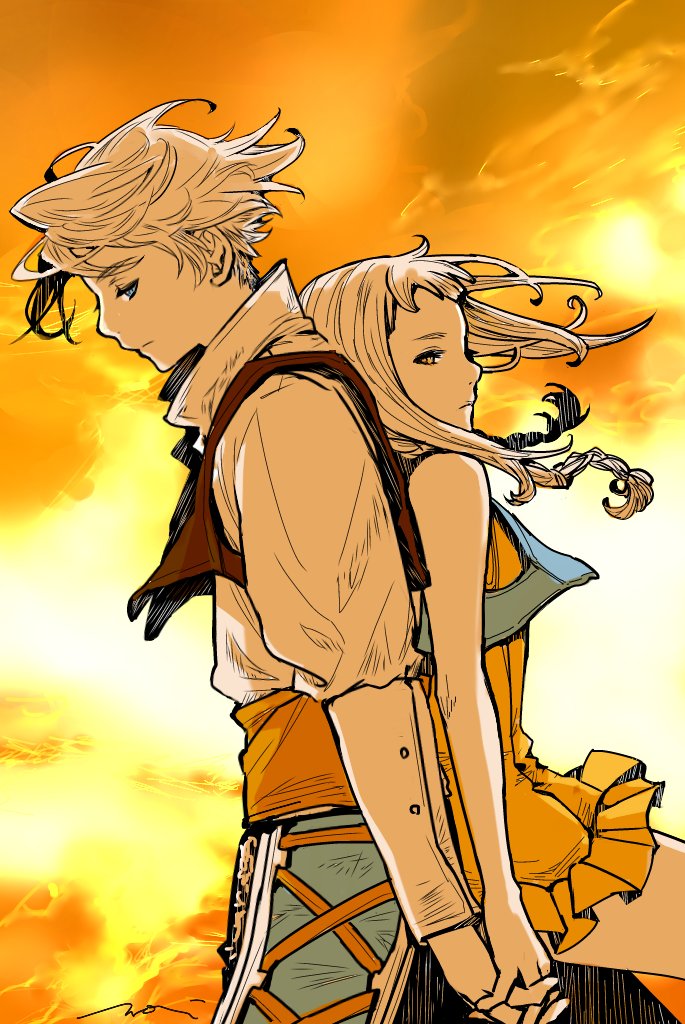 1boy, 1girl, back-to-back, bare_arms, bare_shoulders, blonde_hair, blue_eyes, blue_vest