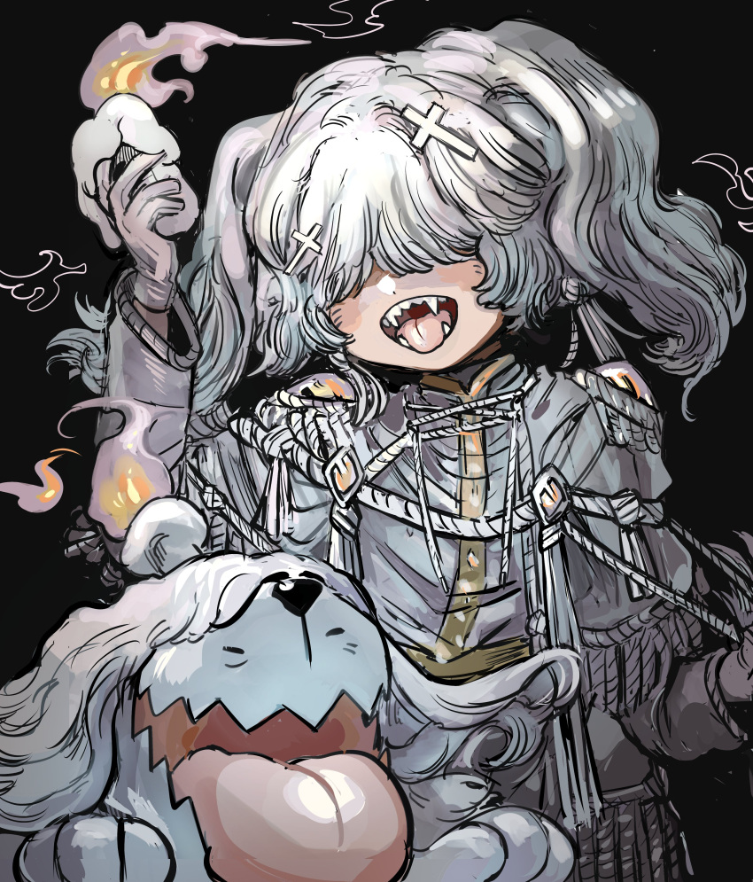 1boy, absurdres, aiguillette, androgynous, animal_ears, arm_up, black_background, candle