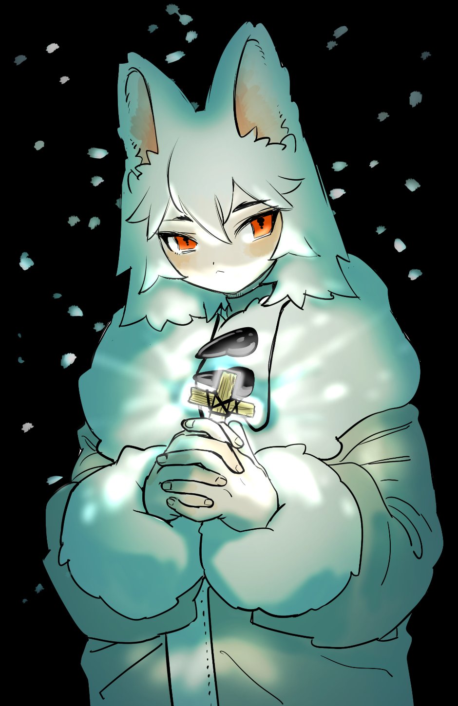 1boy, androgynous, animal_ears, black_background, blue_eyes, coat, commentary_request, cross