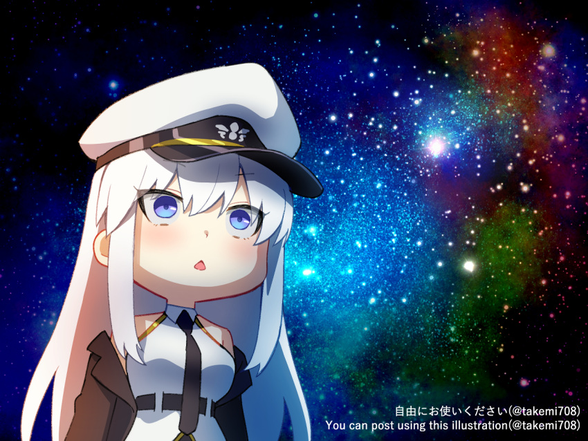 1girl, azur_lane, black_jacket, black_necktie, blue_eyes, blush, breasts, chestnut_mouth, chibi, chibi_only, collared_shirt, commentary_request, enterprise_(azur_lane), hair_between_eyes, hat, jacket, large_breasts, long_hair, looking_ahead, meme, necktie, open_clothes, open_jacket, peaked_cap, shirt, sidelocks, sleeveless, sleeveless_shirt, solo, space, space_cat_(meme), takemi_mochi, upper_body, white_hair, white_hat, white_shirt