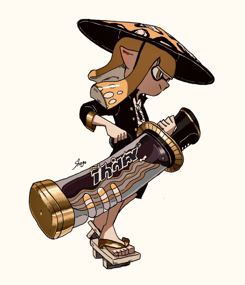 1girl, artist_name, black_jacket, blonde_hair, blunt_bangs, blunt_ends, closed_mouth, commentary_request, decavitator_(splatoon), from_side, full_body, geta, hat, highres, holding, holding_weapon, inkling, inkling_girl, inkling_player_character, jacket, jingasa, long_hair, no_socks, open_clothes, open_jacket, pointy_ears, shirt, shogo_(shogo70449442), simple_background, solo, splatoon_(series), splatoon_3, standing, tentacle_hair, weapon, white_background, white_shirt, yellow_eyes, yellow_hat