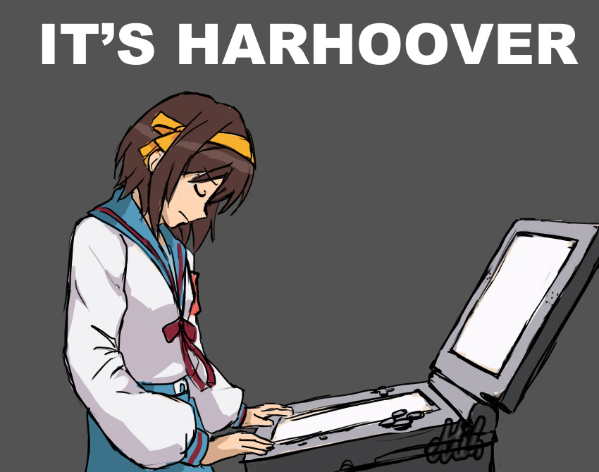 1girl, absurdres, blue_sailor_collar, blue_skirt, bob_cut, brown_hair, closed_eyes, closed_mouth, commentary, cowboy_shot, english_commentary, english_text, errantsquam, grey_background, hairband, handheld_game_console, highres, it's_joever_(meme), kita_high_school_uniform, long_sleeves, medium_hair, meme, nintendo_ds, sad, sailor_collar, school_uniform, serafuku, shirt, simple_background, sketch, skirt, solo, standing, suzumiya_haruhi, suzumiya_haruhi_no_yuuutsu, white_shirt, winter_uniform, yellow_hairband