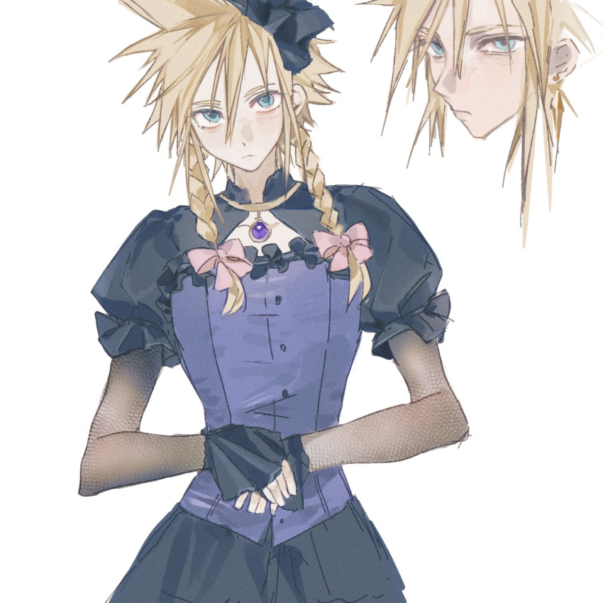 1boy, black_skirt, blue_corset, blue_eyes, bow, braid, cloud_strife, cloud_strife_(blue_dress), corset, crossdressing, dangle_earrings, earrings, final_fantasy, final_fantasy_vii, final_fantasy_vii_remake, fishnet_armwear, hair_between_eyes, hair_bow, highres, jewelry, kinokowa, long_hair, looking_at_viewer, male_focus, multiple_views, official_alternate_costume, own_hands_together, pendant_choker, pink_bow, puffy_short_sleeves, puffy_sleeves, short_sleeves, skirt, solo, spiky_hair, twin_braids, upper_body, white_background