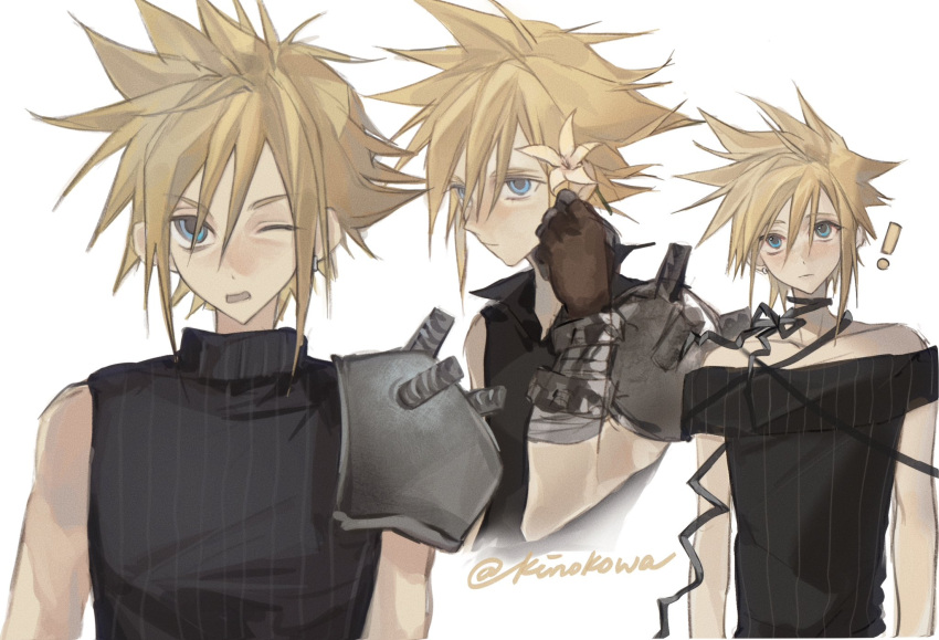 !, 1boy, armor, bandaged_arm, bandages, black_dress, black_footwear, blonde_hair, blue_eyes, brown_gloves, choker, cloud_strife, dress, final_fantasy, final_fantasy_vii, flower, gloves, hair_between_eyes, hair_flower, hair_ornament, hand_in_own_hair, highres, kinokowa, lily_(flower), male_focus, multiple_views, off-shoulder_dress, off_shoulder, one_eye_closed, open_mouth, popped_collar, ribbon_choker, short_hair, shoulder_armor, single_bare_shoulder, single_shoulder_pad, solo, spiky_hair, twitter_username, upper_body, yellow_flower