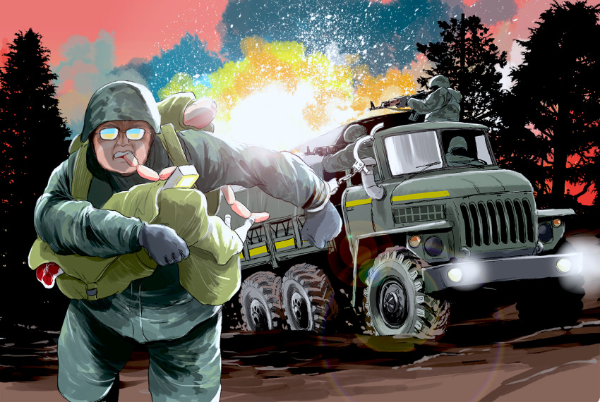 4boys, bottle, combat_helmet, commentary_request, cuffs, english_commentary, explosion, food