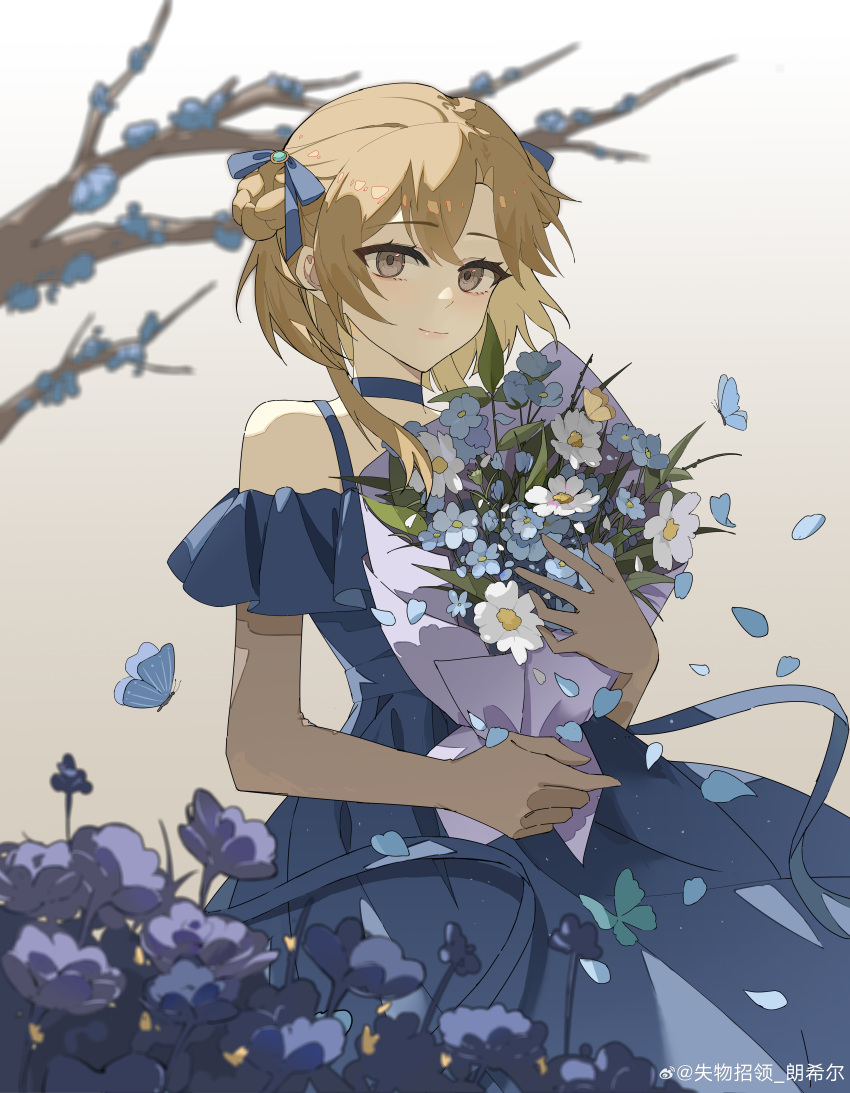 1girl, absurdres, birthday, blonde_hair, blue_dress, blue_flower, bouquet, dress, flower, grey_eyes, highres, rose_fryberg, short_hair_with_long_locks, solo, volcano_princess, white_background