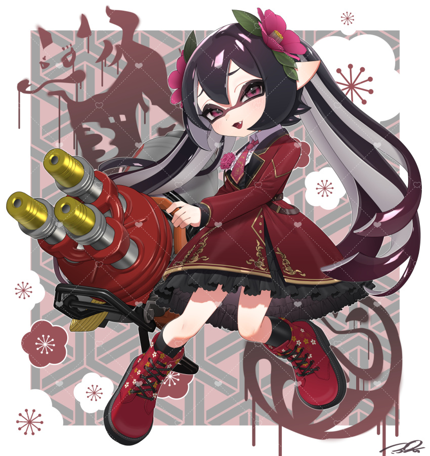1girl, ankle_boots, belt, black_dress, black_hair, black_socks, blush, boots, brown_belt, center_frills, collared_shirt, commission, cross-laced_footwear, dress, english_commentary, fang, floral_background, floral_print, flower, frilled_dress, frills, full_body, furrowed_brow, gradient_hair, hair_flower, hair_ornament, heavy_splatling_(splatoon), highres, holding, holding_weapon, inkling, inkling_girl, inkling_player_character, jacket, long_hair, long_sleeves, multicolored_hair, necktie, open_mouth, pink_eyes, pink_flower, pointy_ears, print_footwear, puchiman, purple_hair, red_footwear, red_jacket, red_necktie, shirt, side_slit, signature, socks, solo, splatoon_(series), tentacle_hair, twintails, two-tone_hair, weapon, white_shirt