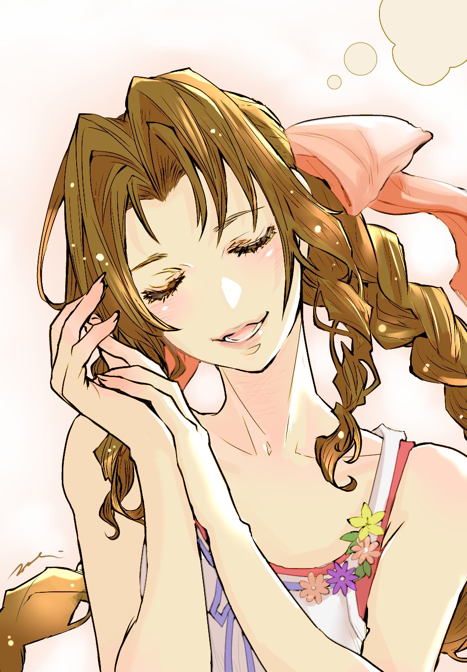 1girl, aerith_gainsborough, bare_arms, bare_shoulders, bow, braid, braided_ponytail, brown_hair