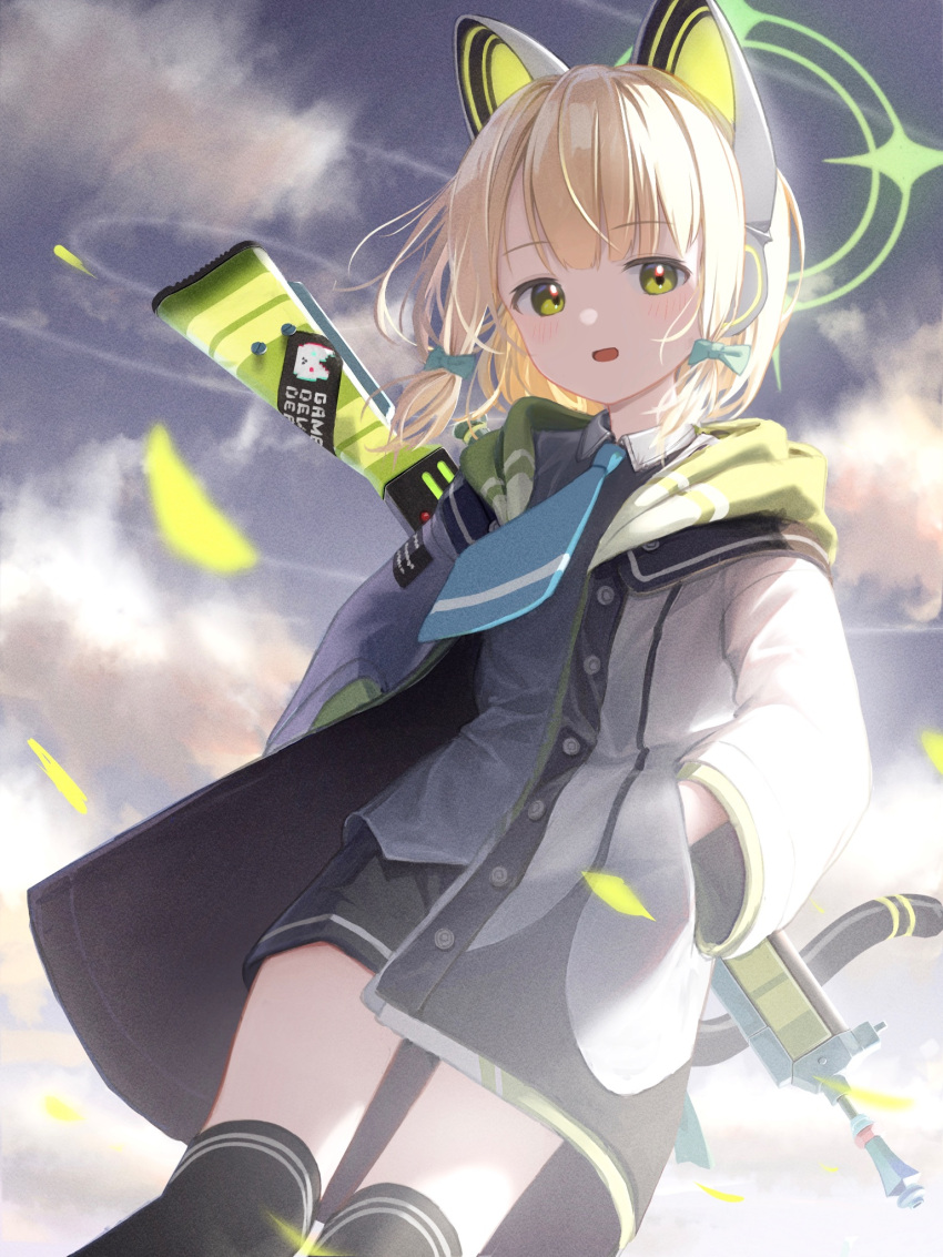 1girl, animal_ear_headphones, animal_ears, black_shorts, black_thighhighs, blonde_hair, blue_archive, blue_necktie