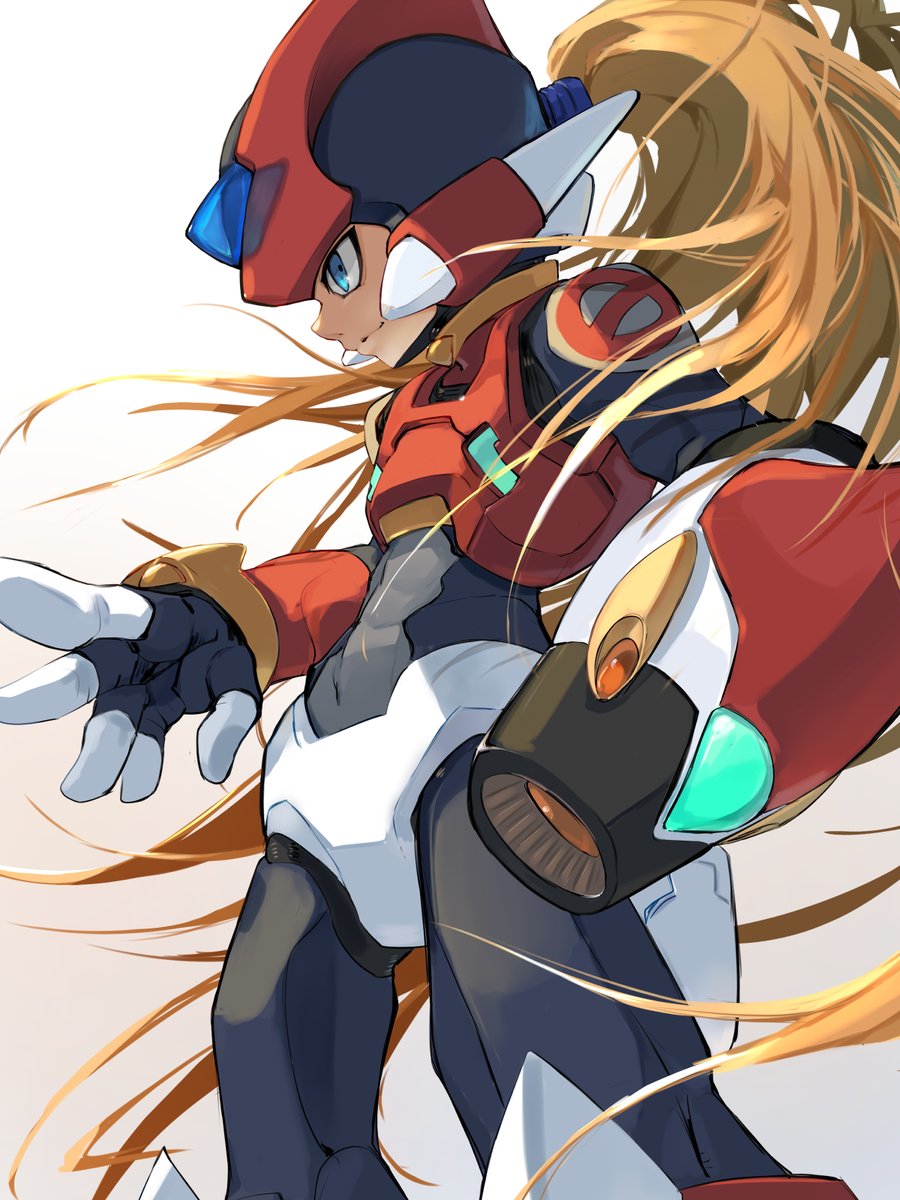 1boy, adapted_costume, alternate_costume, arm_cannon, armor, blonde_hair, blue_eyes, commentary_request