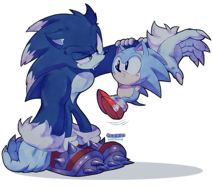 2boys, blue_fur, body_fur, fang, fingernails, full_body, hedgehog, highres, jazzmm15, long_fingernails, male_focus, multiple_boys, multiple_persona, muscular, muscular_male, red_footwear, shoes, simple_background, smile, sonic_(series), sonic_the_hedgehog, sonic_the_hedgehog_(classic), sonic_the_werehog, sonic_unleashed, spiked_shoes, spikes, white_background