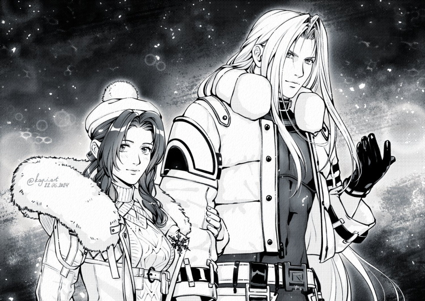1boy, 1girl, aerith_gainsborough, aerith_gainsborough_(fairy_of_snowfall), belt, black_gloves, breasts, closed_mouth