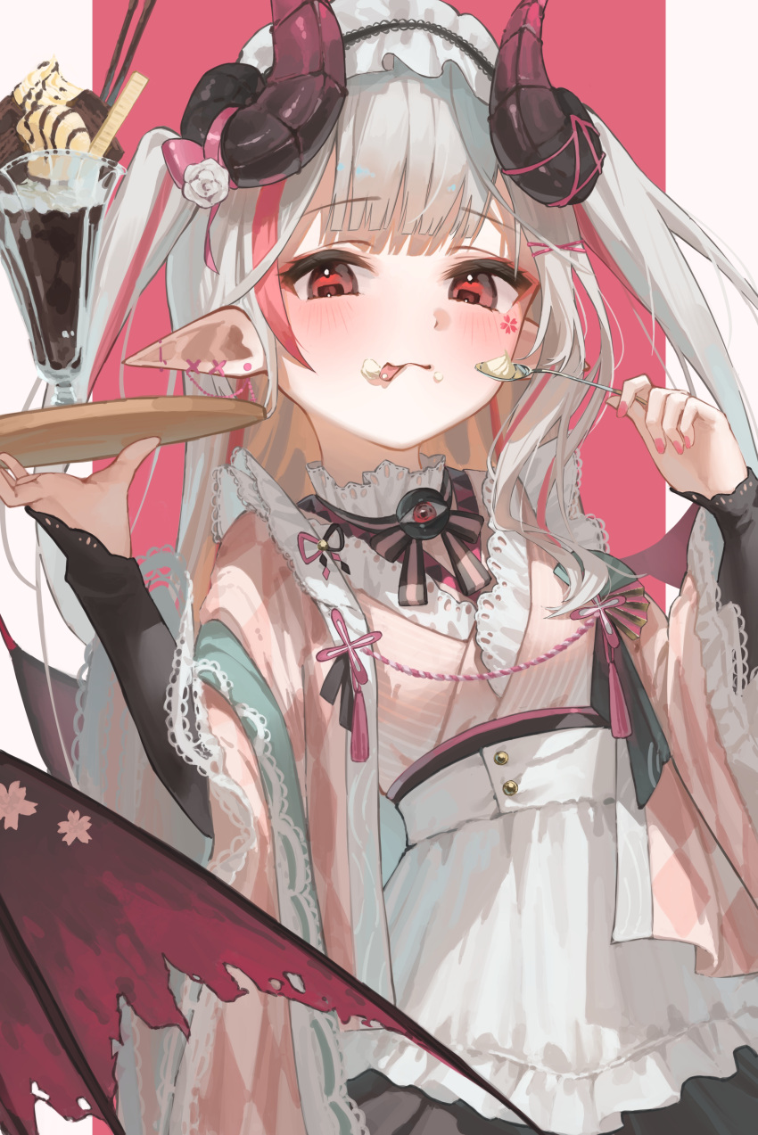 1girl, :3, absurdres, bat_ears, bat_girl, bat_wings, black_bow, black_bowtie, blunt_bangs, blush, bow, bowtie, cherry_blossoms, demon, demon_girl, earrings, eyelashes, facial_mark, fingernails, flower, flower_facial_mark, food, food_on_face, frills, goat_horns, grey_hair, highres, holding, holding_spoon, horn_flower, horn_ornament, horn_ribbon, horns, ice_cream, japanese_clothes, jewelry, kimono, long_hair, long_sleeves, looking_at_viewer, maid, maid_headdress, multicolored_hair, nail_polish, original, parfait, pink_flower, pink_kimono, pointy_ears, pulmo_(artist), red_eyes, red_horns, red_nails, red_ribbon, redhead, ribbon, rose, sidelocks, solo, spoon, streaked_hair, stud_earrings, tassel, tongue, tongue_out, two-tone_background, two_side_up, white_flower, white_rose, wide_sleeves, wings