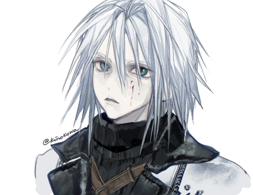 1boy, aged_down, aqua_eyes, armor, black_jacket, black_shirt, blood, blood_on_face